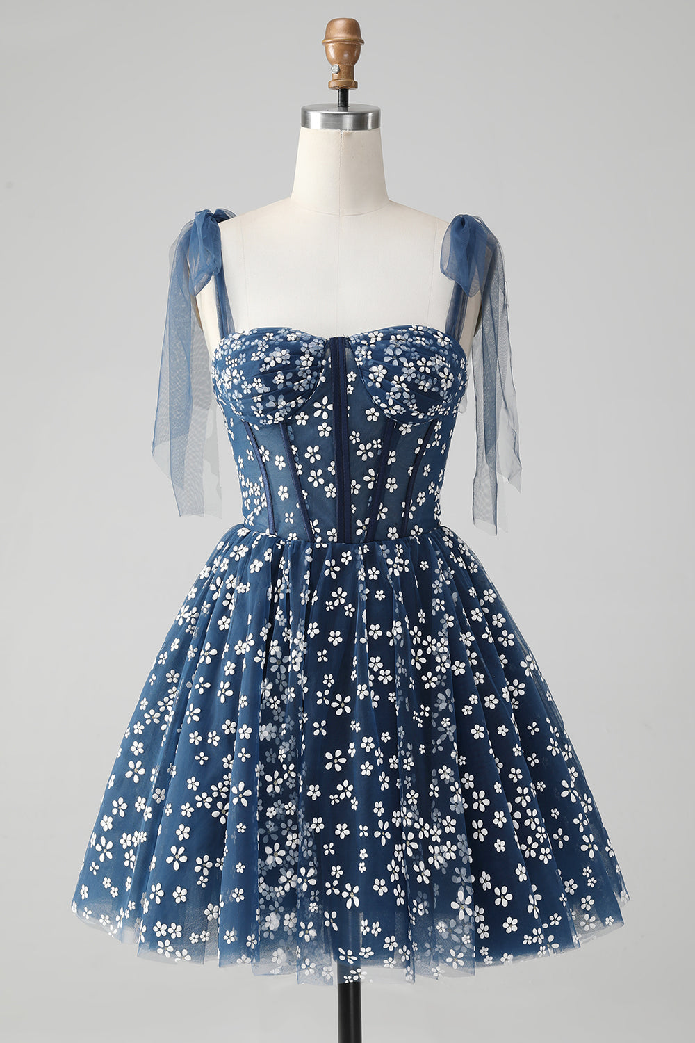 Robe courte de bal de fin d'année bleu marine ligne A à bretelles spaghetti imprimée avec corset