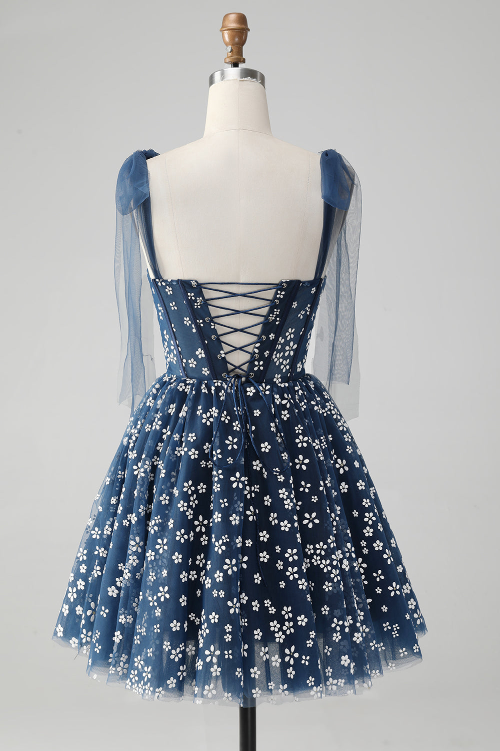 Robe courte de bal de fin d'année bleu marine ligne A à bretelles spaghetti imprimée avec corset