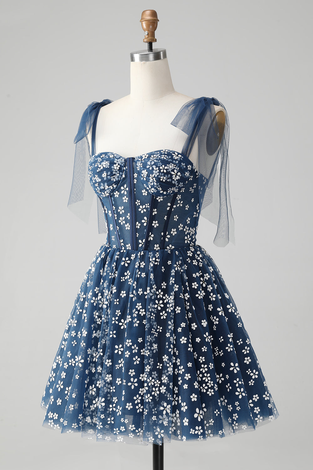 Robe courte de bal de fin d'année bleu marine ligne A à bretelles spaghetti imprimée avec corset
