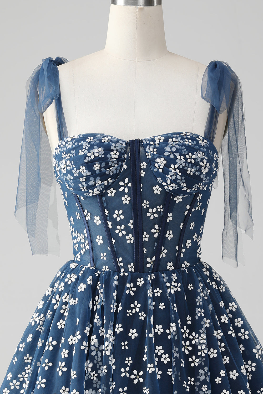 Robe courte de bal de fin d'année bleu marine ligne A à bretelles spaghetti imprimée avec corset