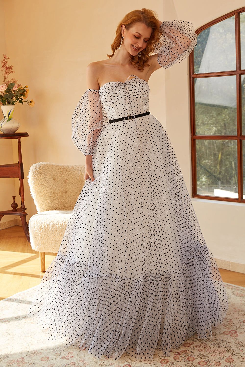 White Polka Dots Long Prom Dress with Sleeves