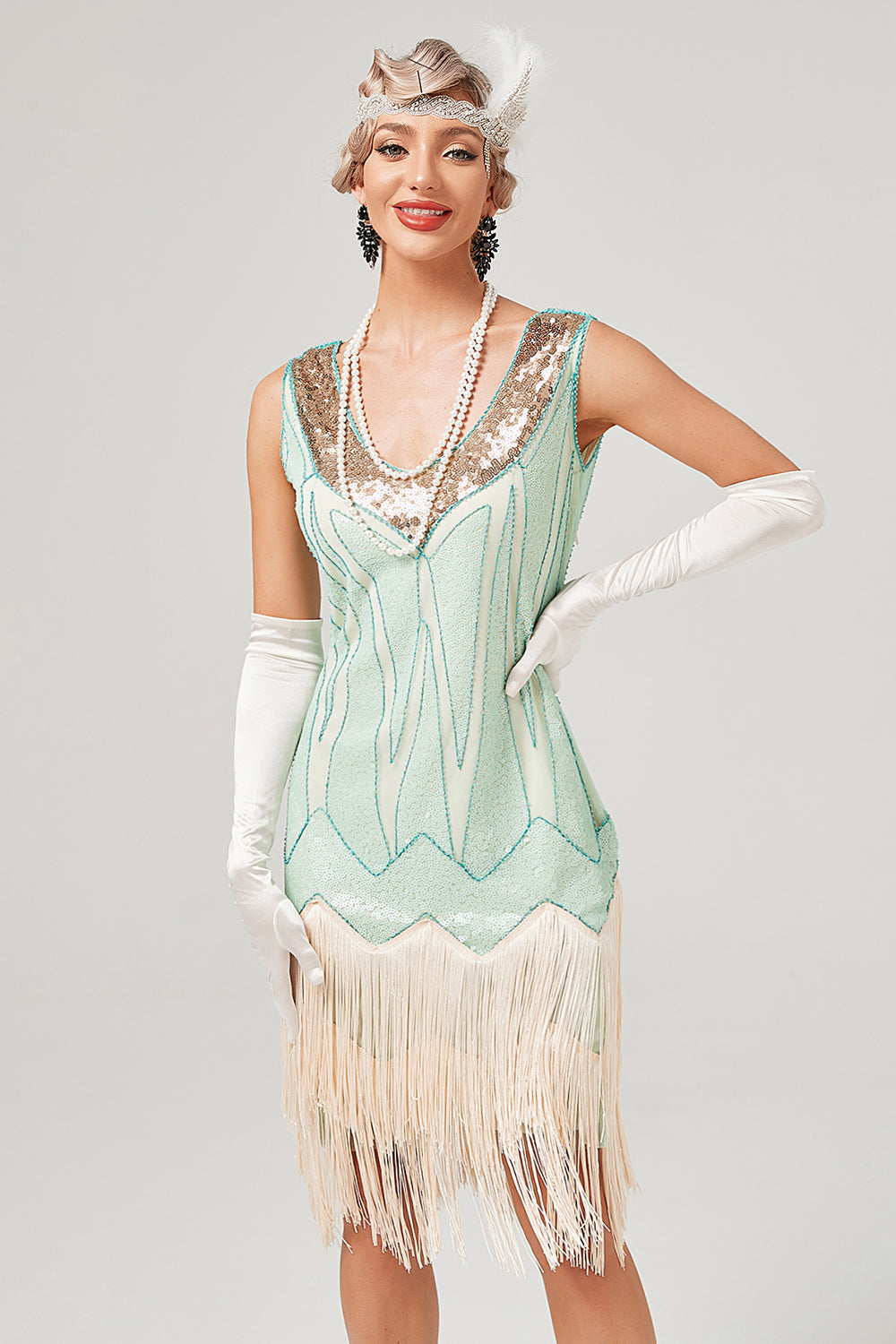 Lentejuelas Verde Corto Vestido Gatsby Años 20