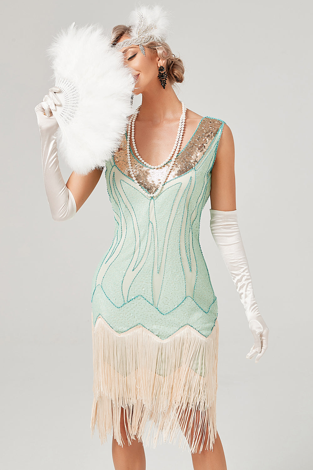 Lentejuelas Verde Corto Vestido Gatsby Años 20