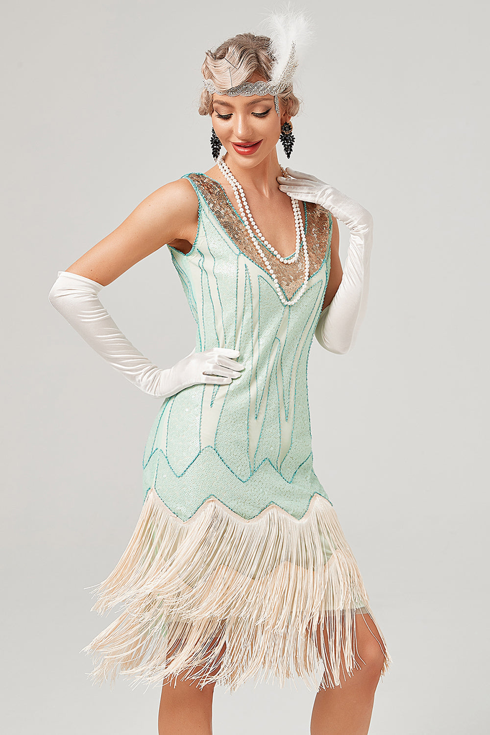 Lentejuelas Verde Corto Vestido Gatsby Años 20