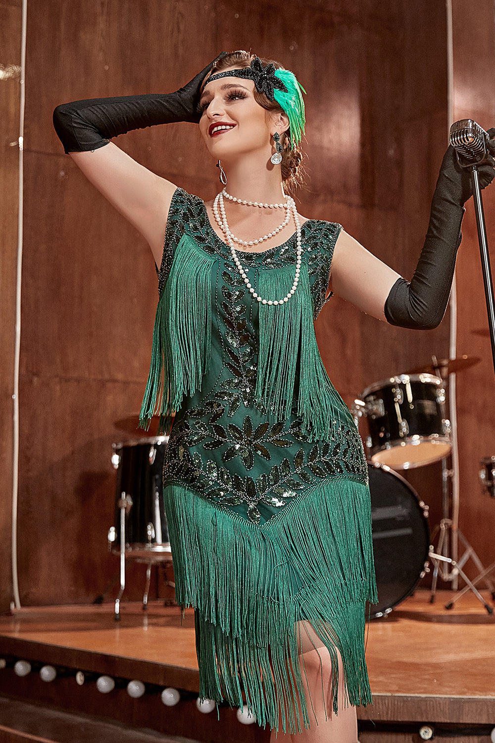 Robe Gatsby Abricot Bleu Années 20 à Sequins et Franges
