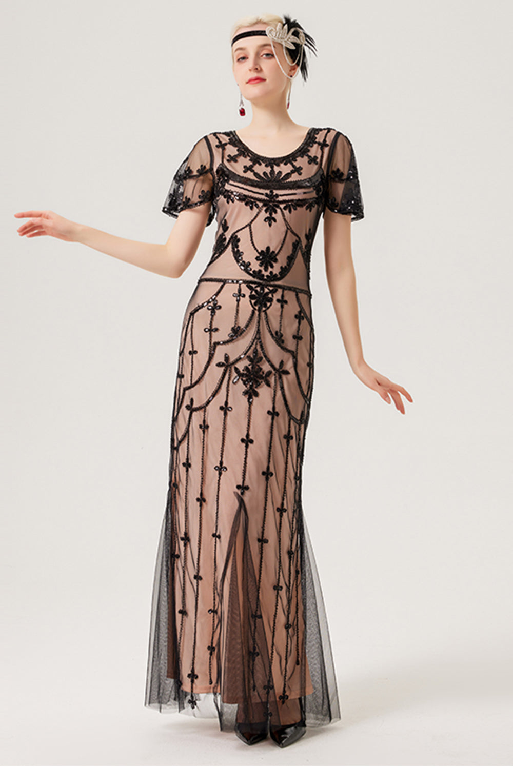 Robe longue noire blush à paillettes des années 20