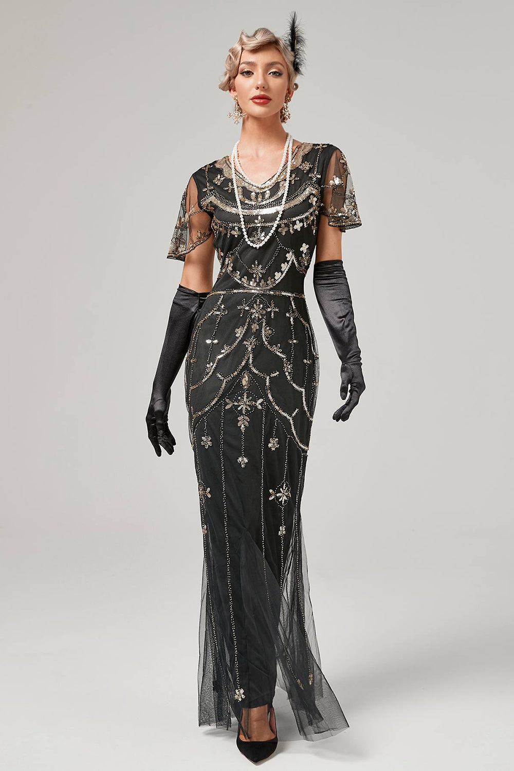 Robe longue Charleston années 20 à sequins ivoire