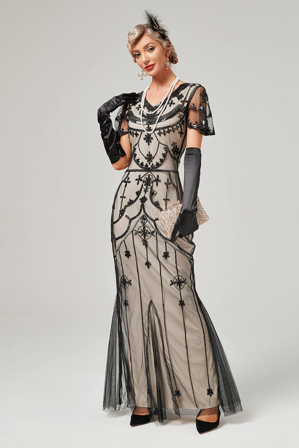 Robe longue Charleston années 20 à sequins ivoire