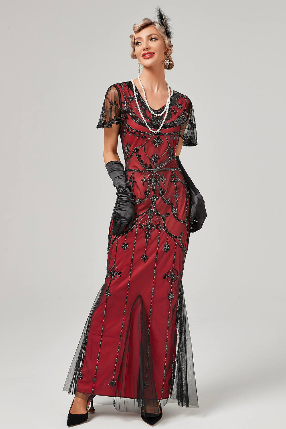 Robe Charleston longue à sequins rouges des années 20
