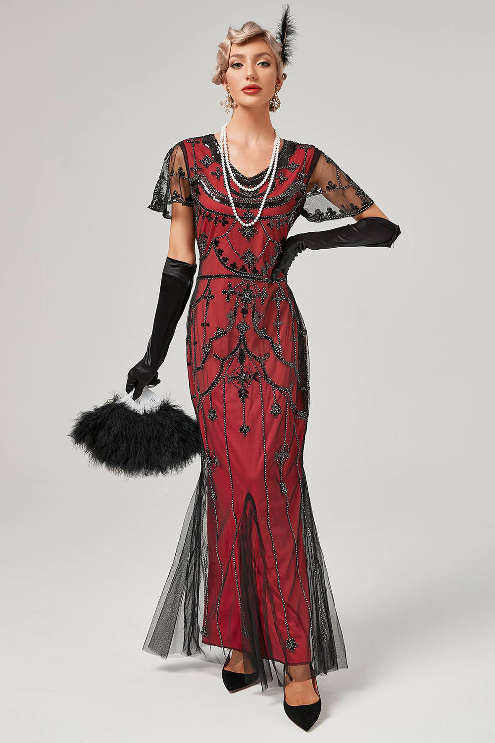Robe Charleston longue à sequins rouges des années 20