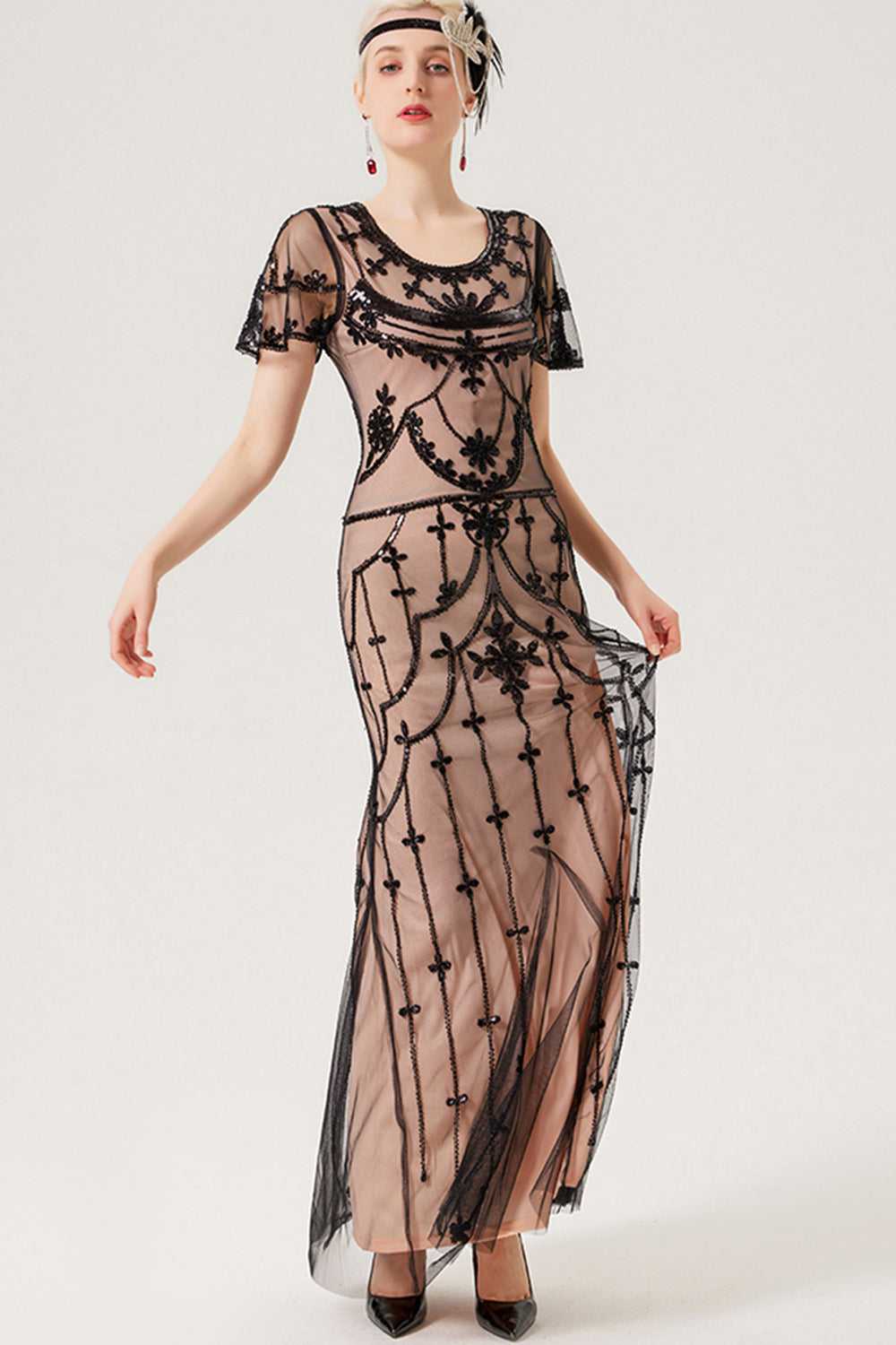 Robe longue noire blush à paillettes des années 20