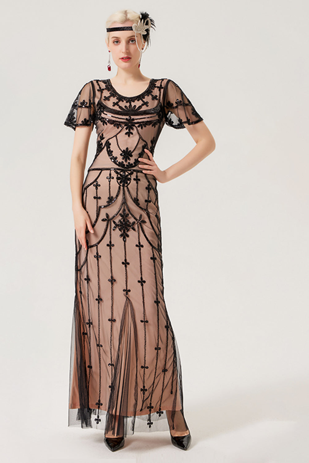Robe longue noire blush à paillettes des années 20