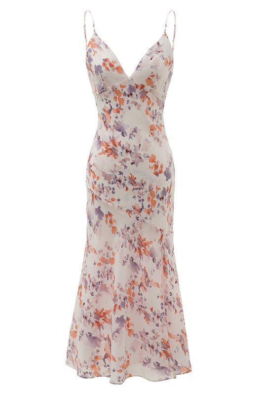 White Purple Flower Print Summer Dress