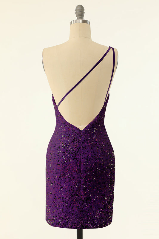 Purple One-Shoulder Sequin Graduation Dress