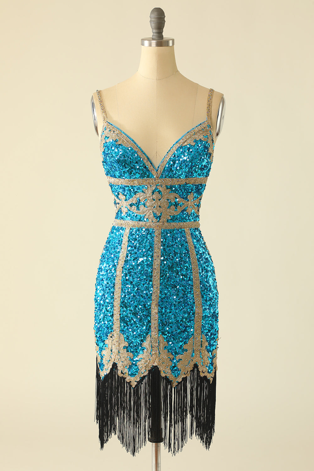Robe de bal courte à paillettes bleu lac avec franges