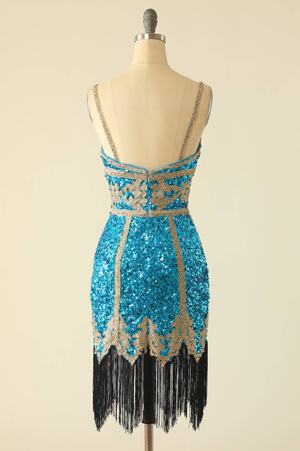 Robe de bal courte à paillettes bleu lac avec franges