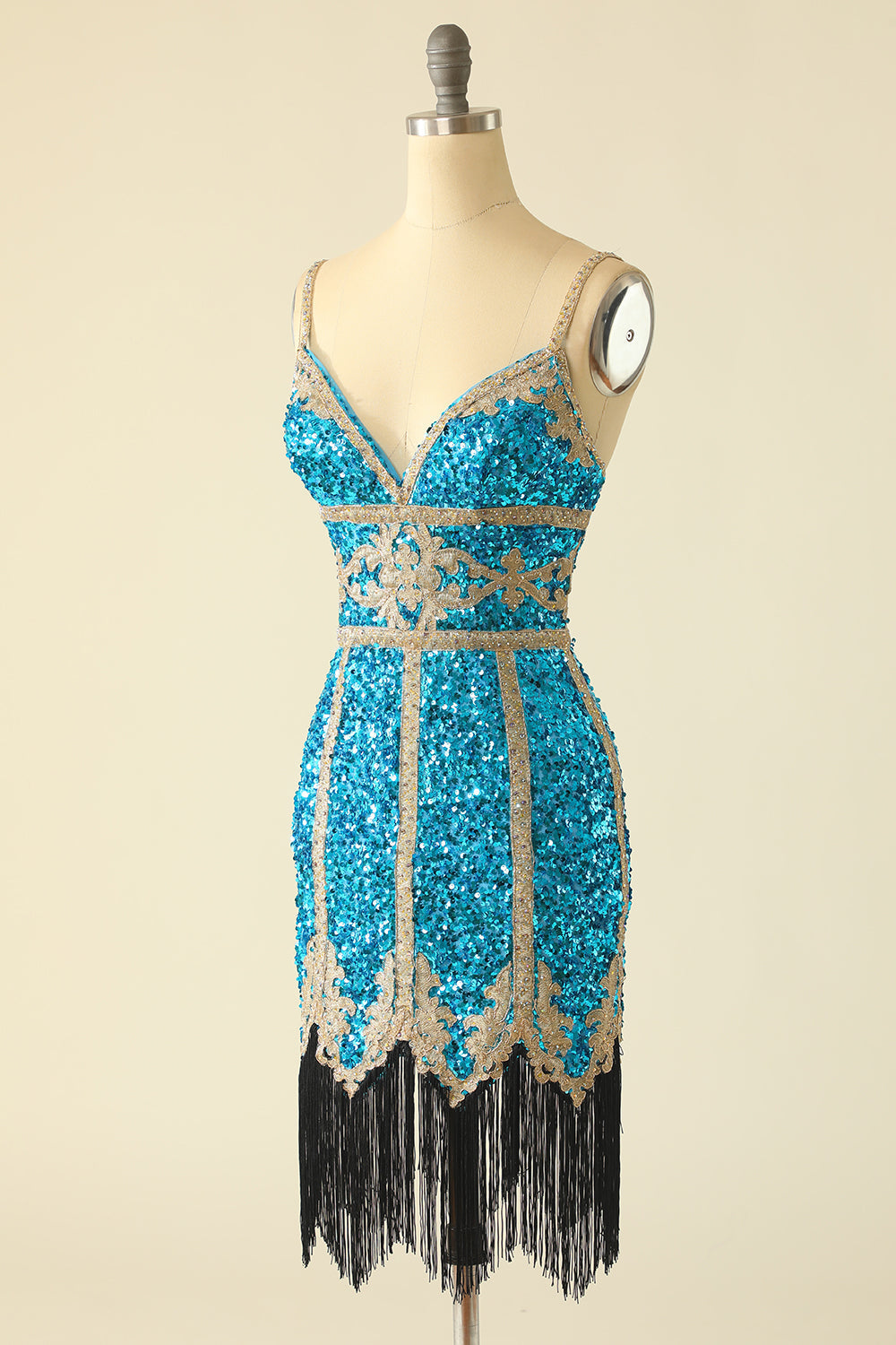 Robe de bal courte à paillettes bleu lac avec franges
