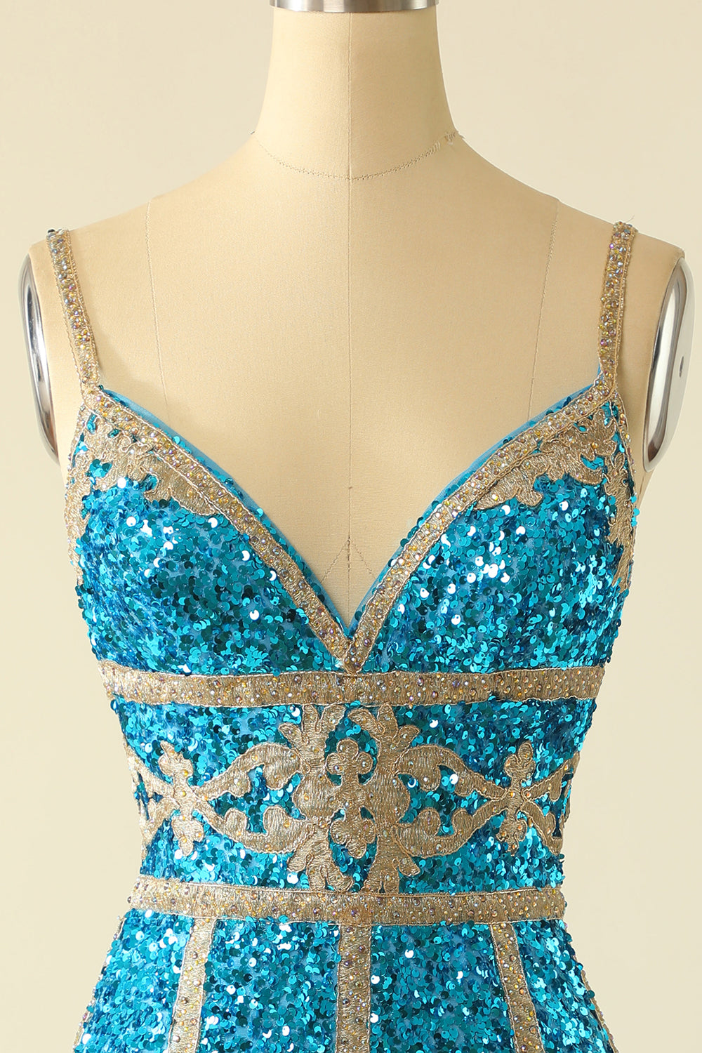 Robe de bal courte à paillettes bleu lac avec franges