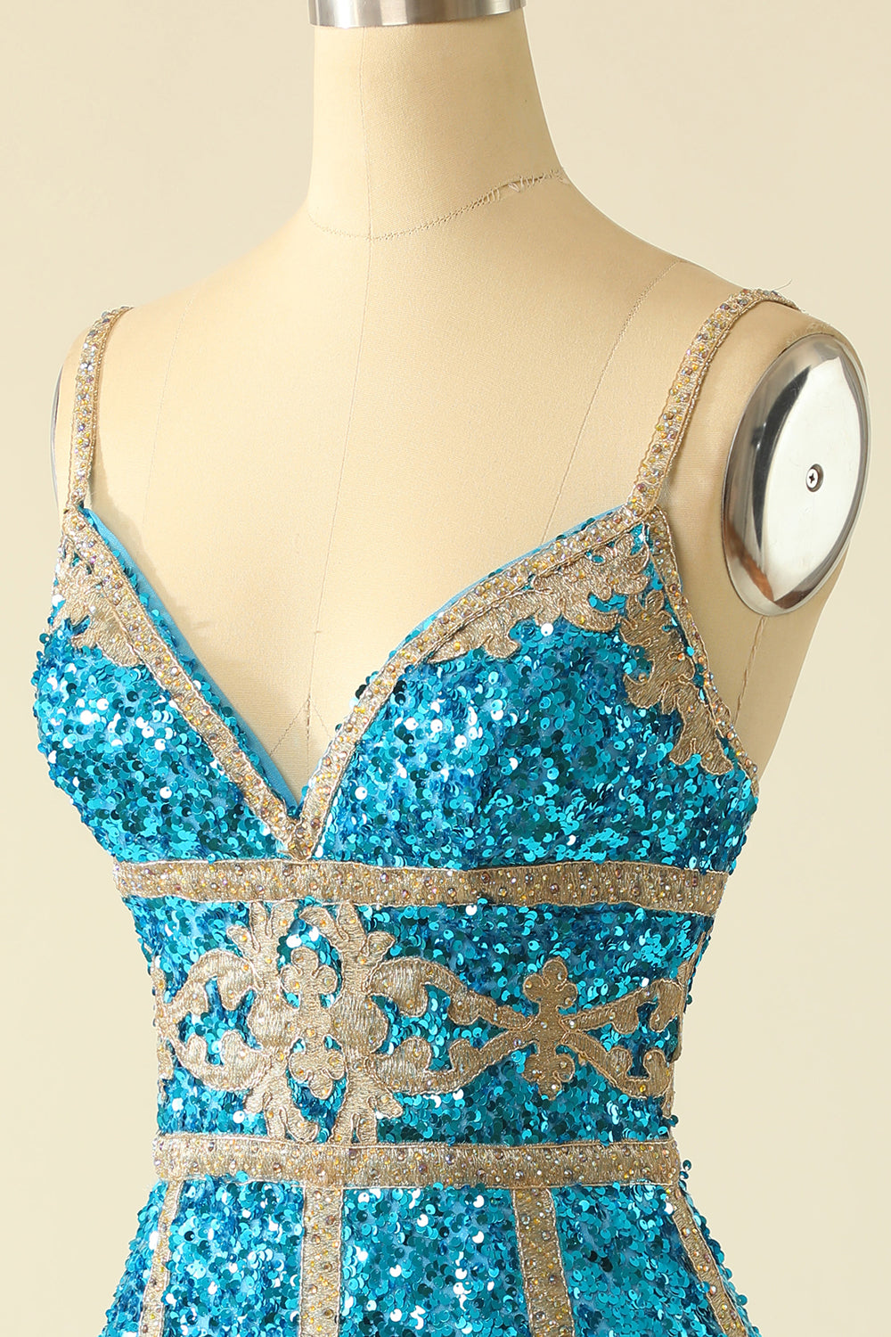 Robe de bal courte à paillettes bleu lac avec franges