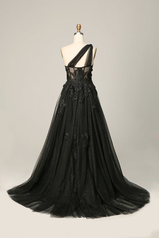 Black A-Line One-Shoulder Prom Dress with Appliques and Beading
