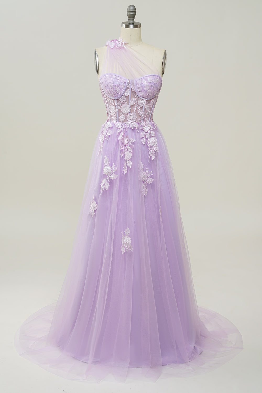 A-line One-Shoulder Sky Blue Long Prom Dress with Appliques
