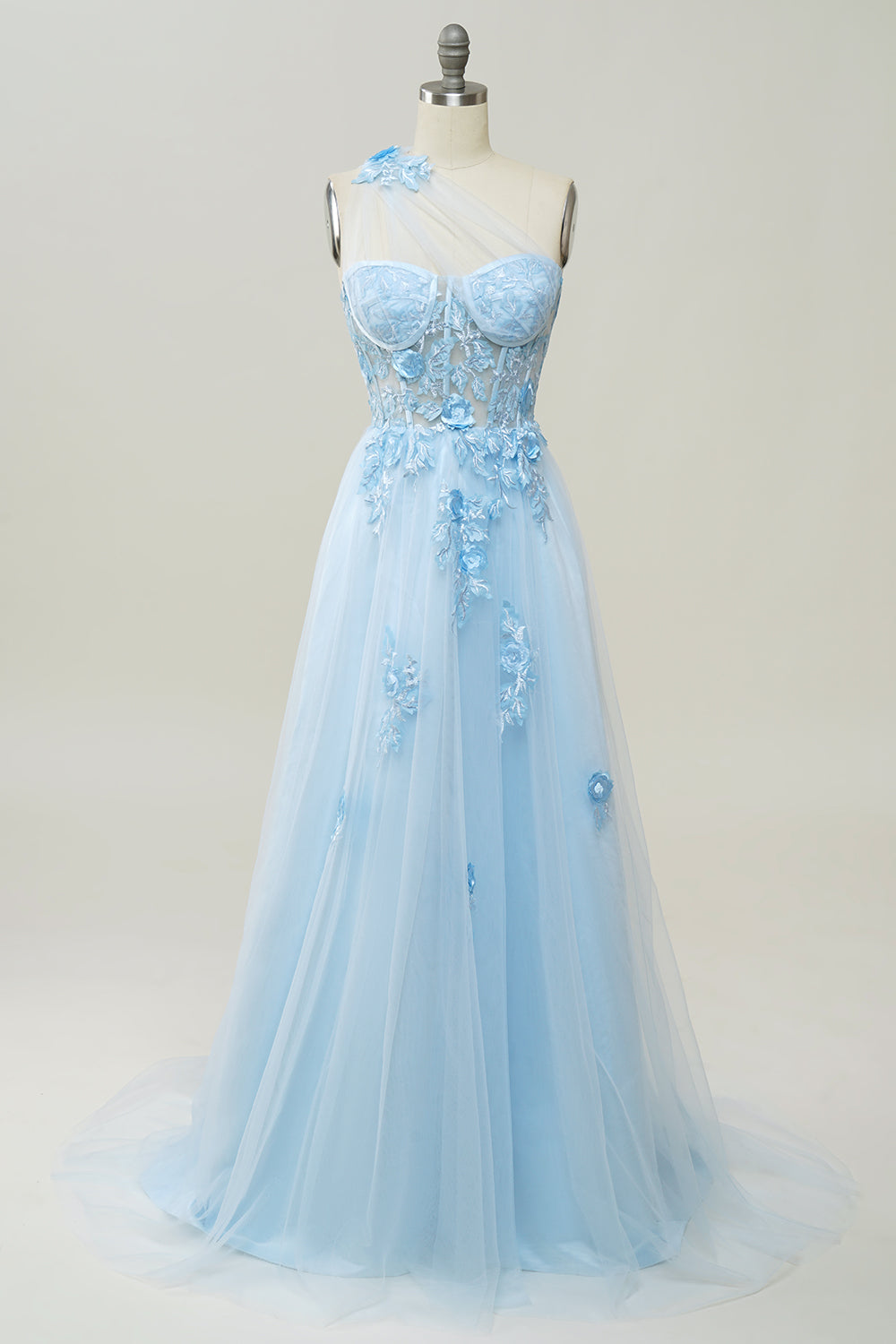 A-line One-Shoulder Sky Blue Long Prom Dress with Appliques