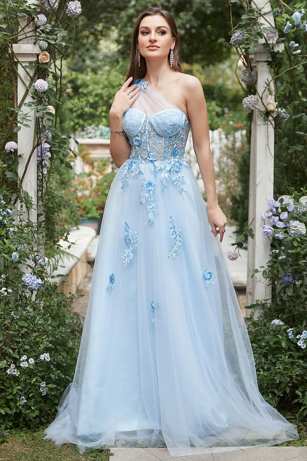 A-line One-Shoulder Sky Blue Long Prom Dress with Appliques