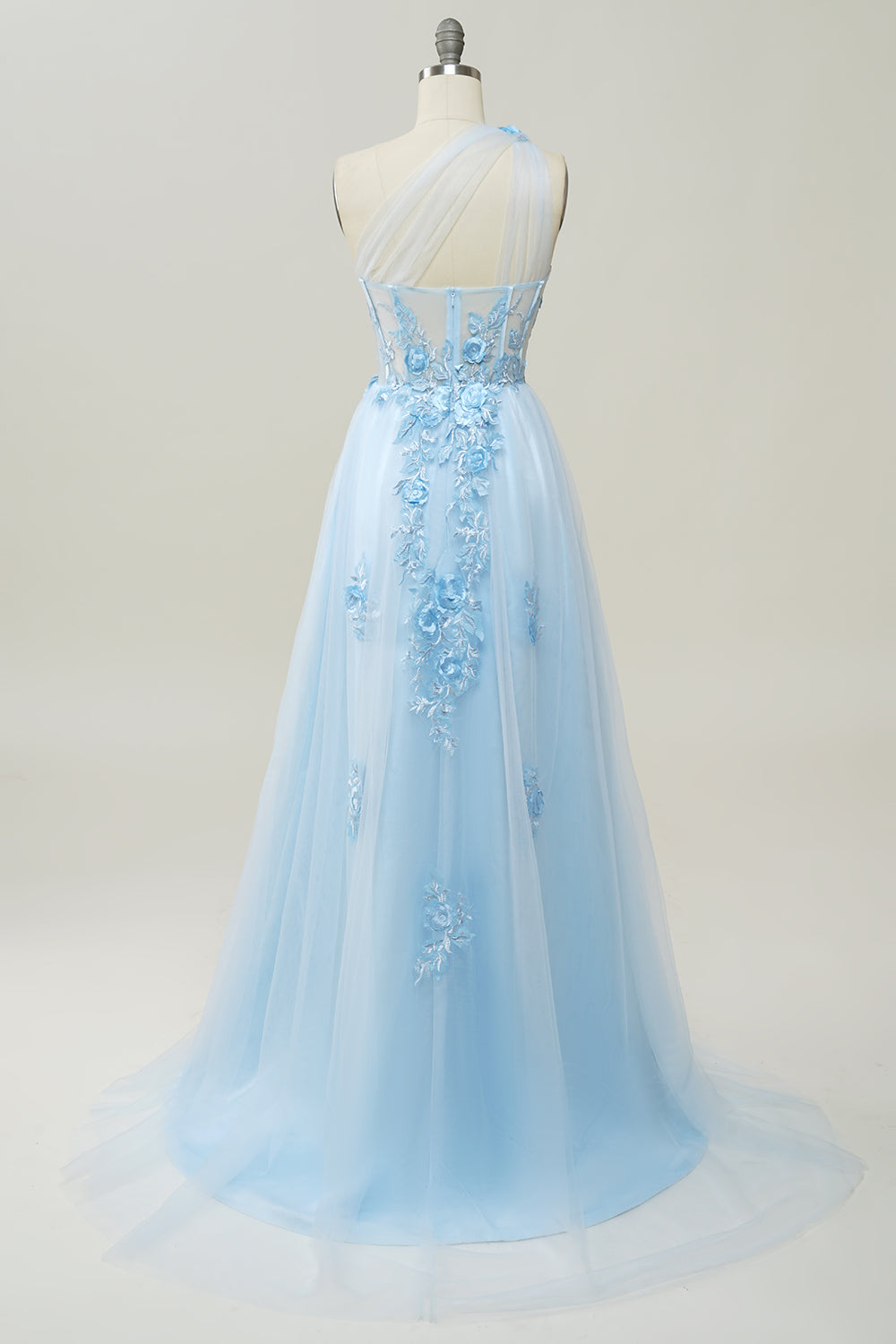 A-line One-Shoulder Sky Blue Long Prom Dress with Appliques
