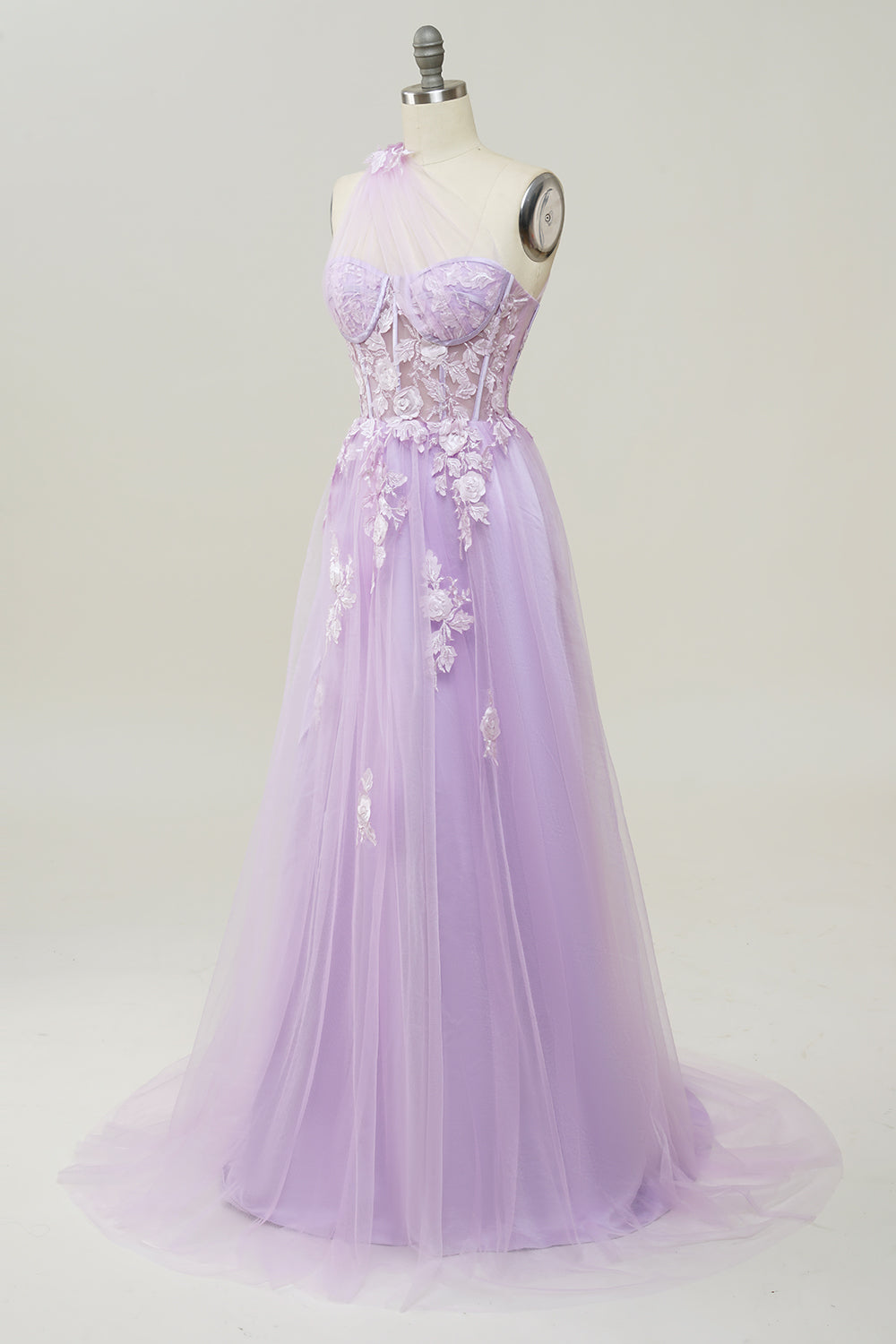 A-line One-Shoulder Sky Blue Long Prom Dress with Appliques