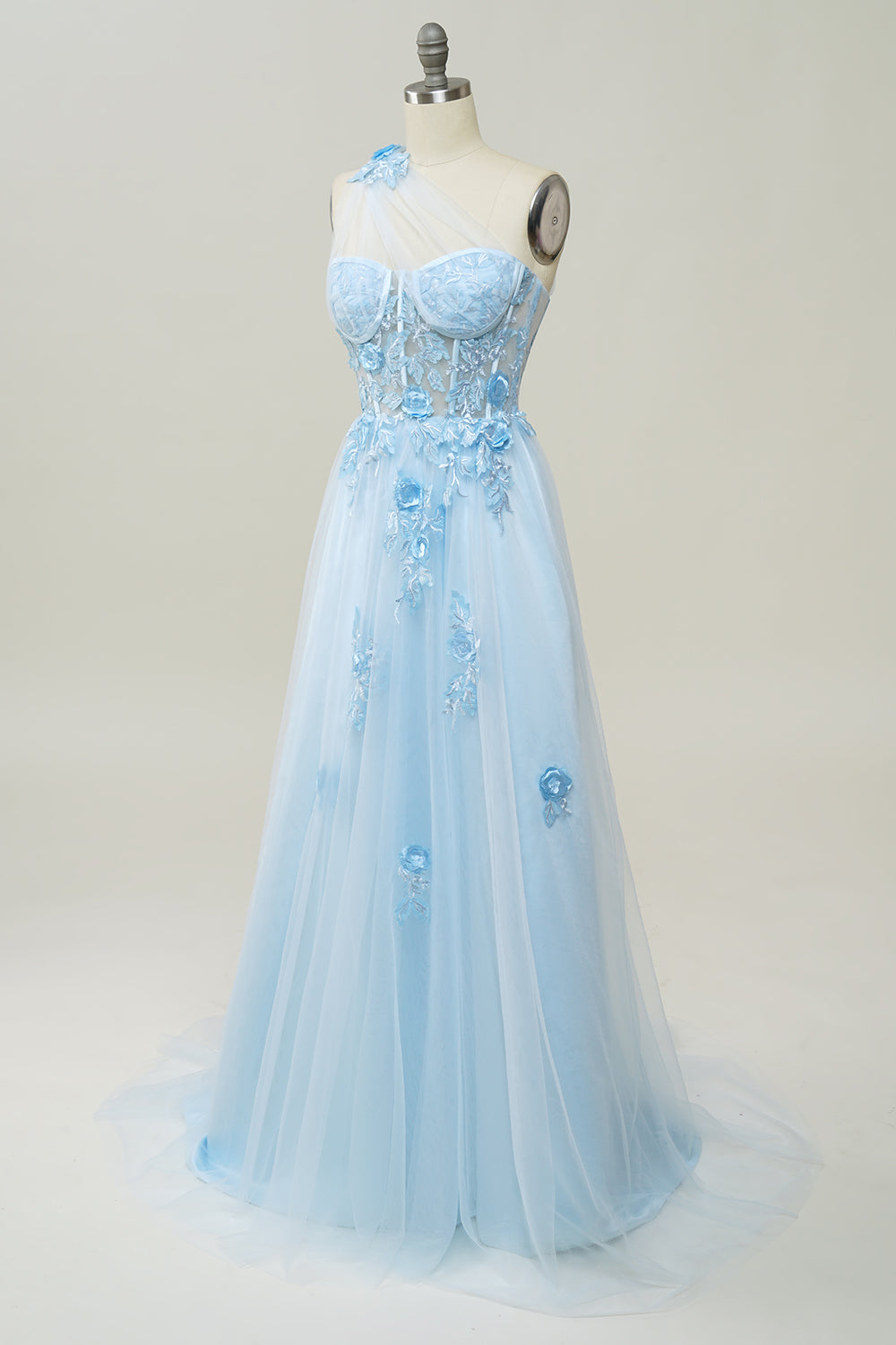 A-line One-Shoulder Sky Blue Long Prom Dress with Appliques