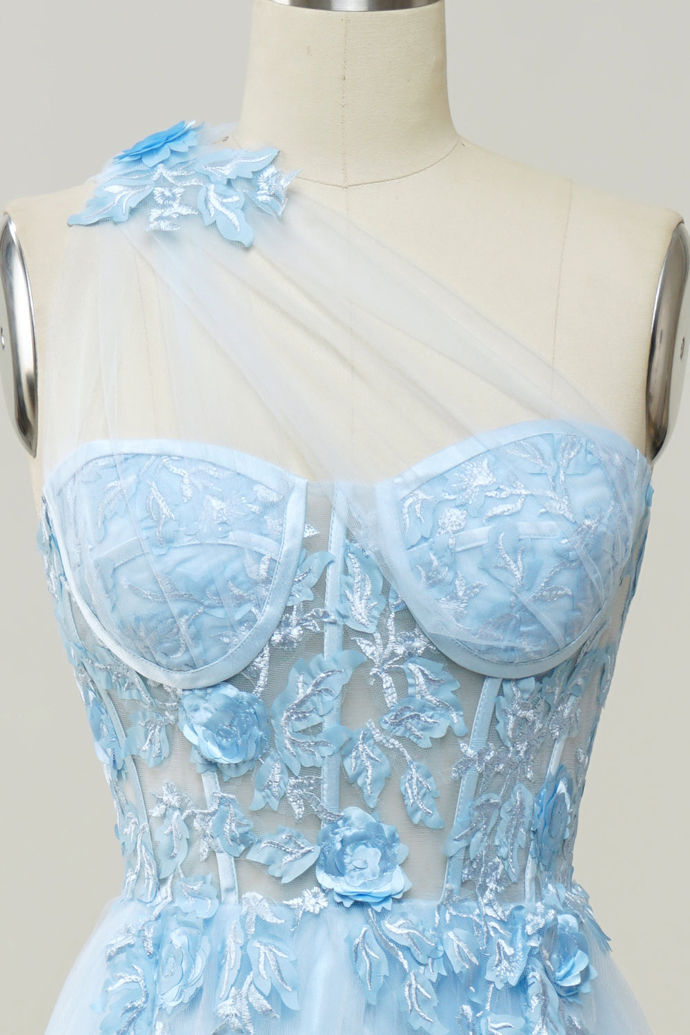 A-line One-Shoulder Sky Blue Long Prom Dress with Appliques