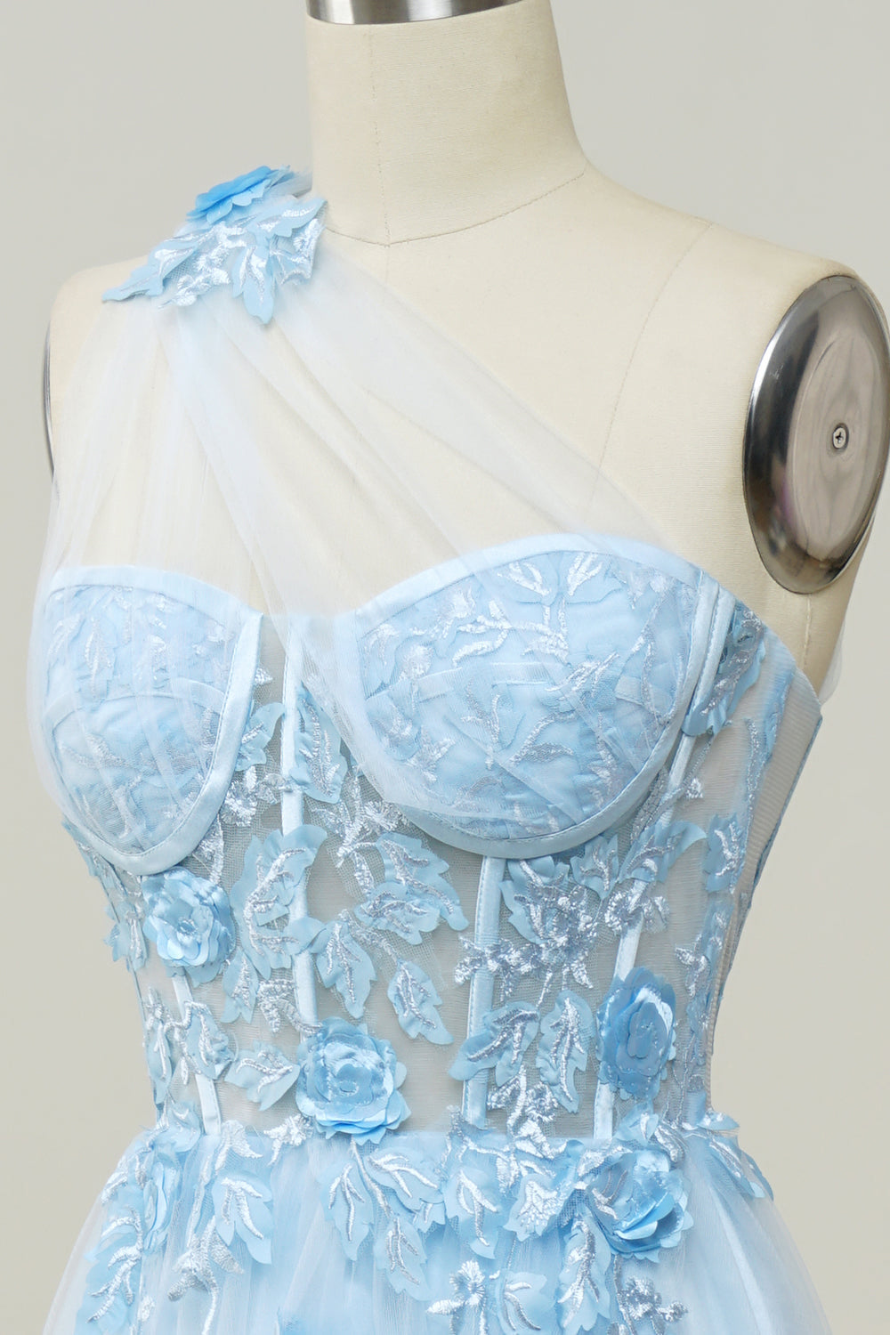 A-line One-Shoulder Sky Blue Long Prom Dress with Appliques