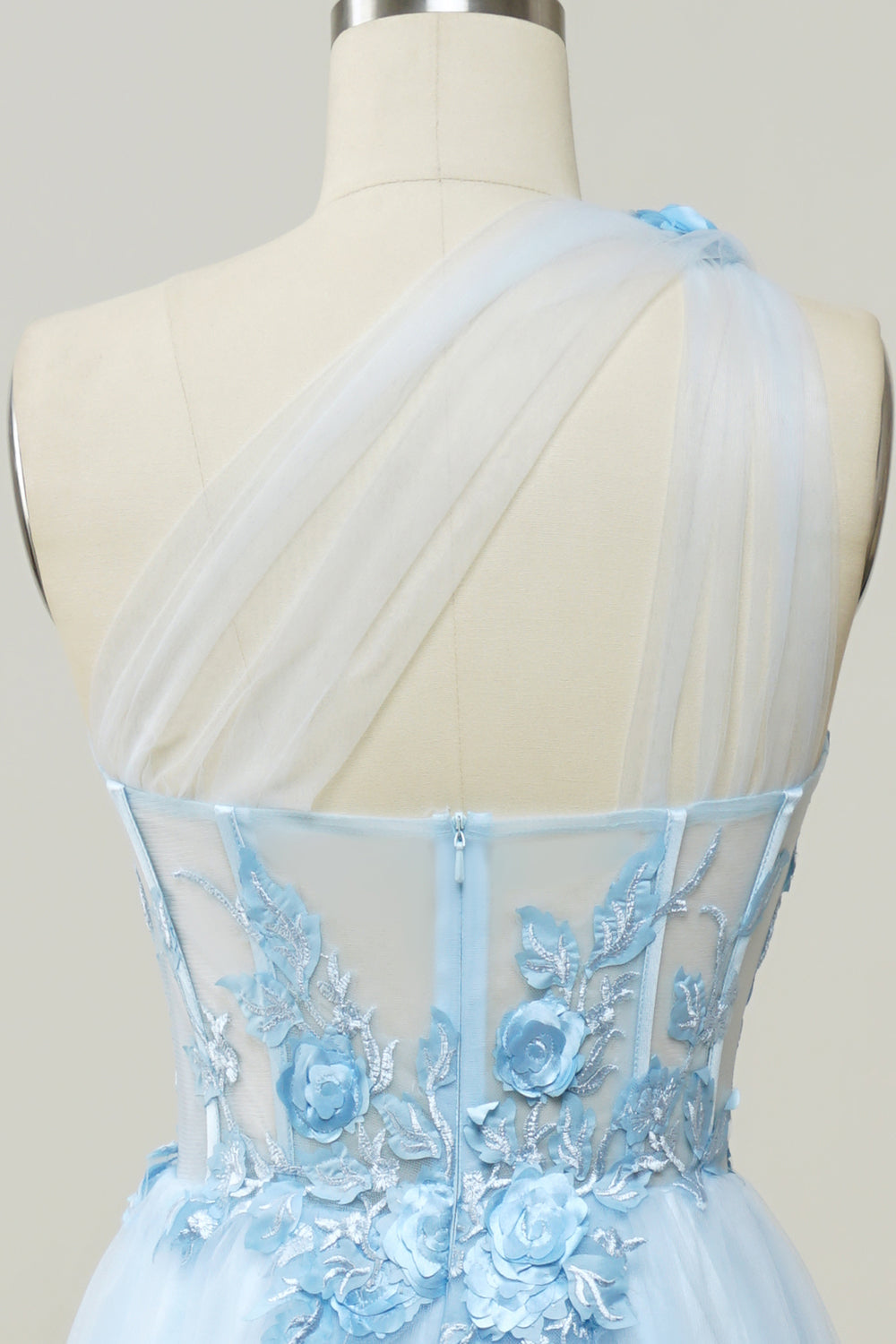 A-line One-Shoulder Sky Blue Long Prom Dress with Appliques