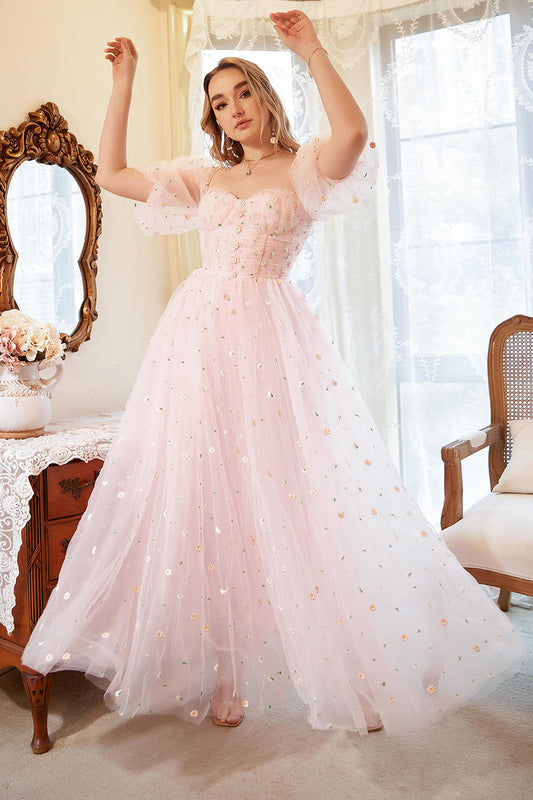 A-Line Off the Shoulder Blush Plus Size Prom Dress with Embroidery