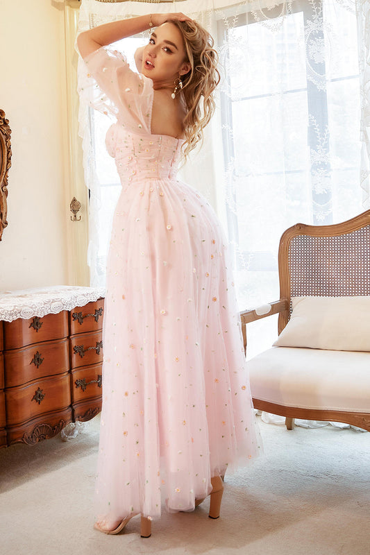 A-Line Off the Shoulder Blush Plus Size Prom Dress with Embroidery