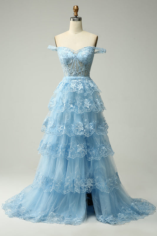 Off-the-Shoulder A-Line Princess Long Blue Graduation Dress with Appliques