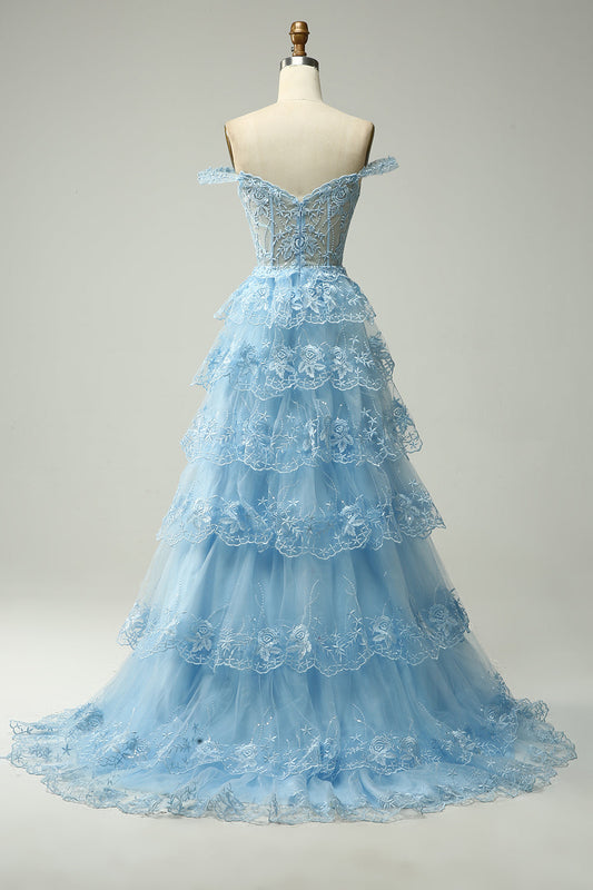 Off-the-Shoulder A-Line Princess Long Blue Graduation Dress with Appliques