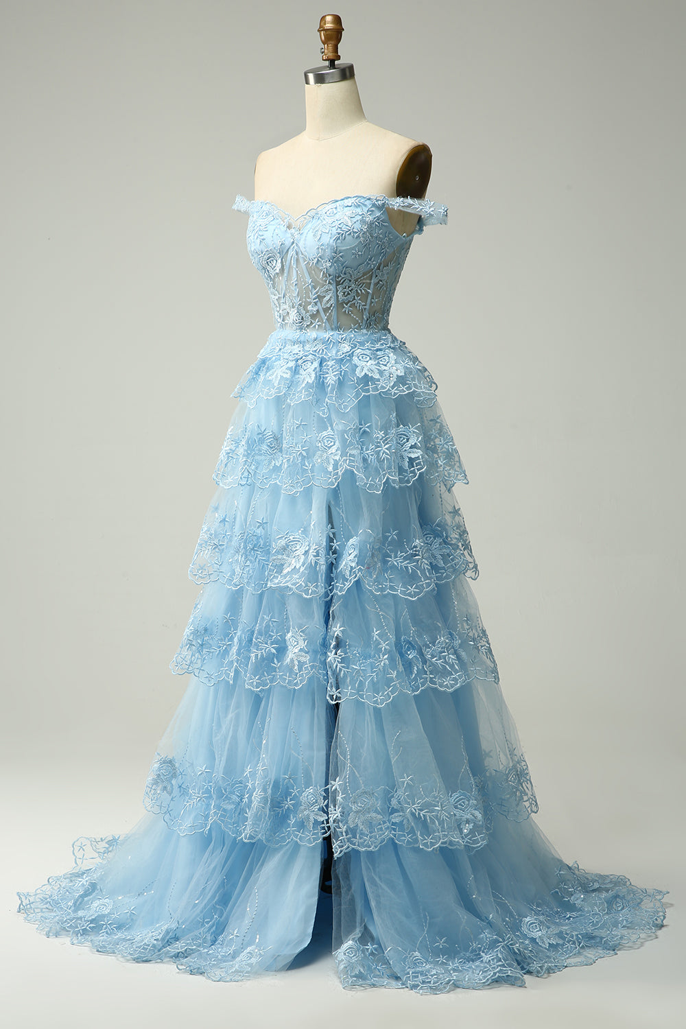 Robe de soirée corset bleu foncé, épaules dénudées et fente