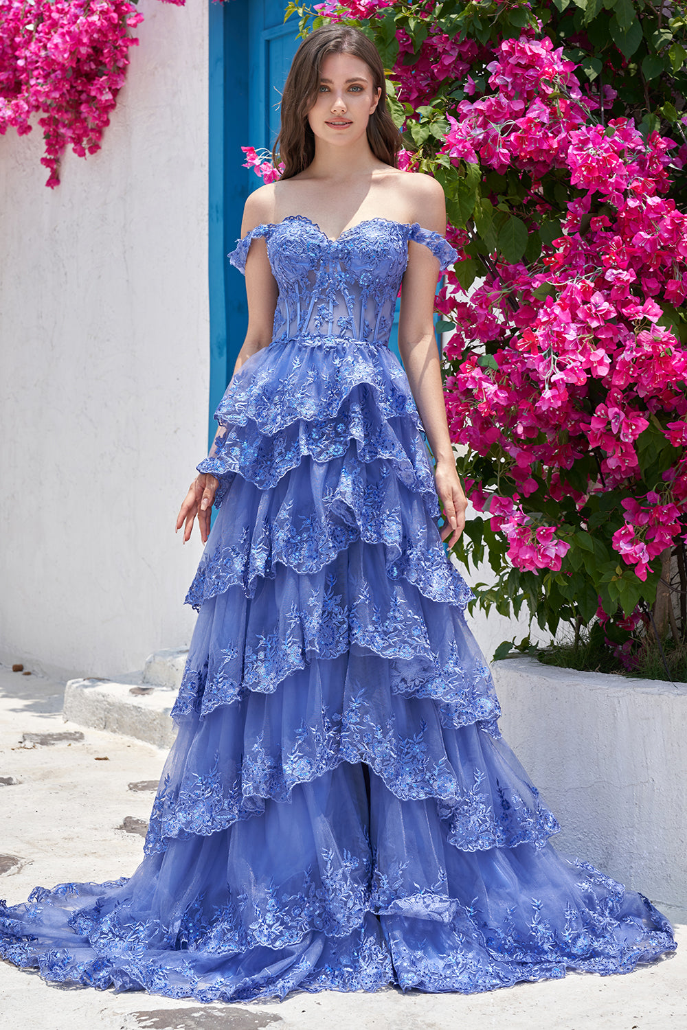 Vestido de Fiesta Largo Rosa con Hombros Descubiertos, Línea A, Princesa, con Aplicaciones