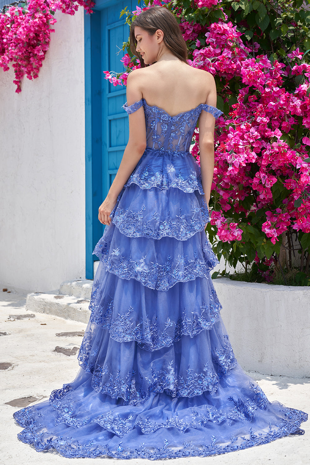 Robe de soirée corset bleu foncé, épaules dénudées et fente