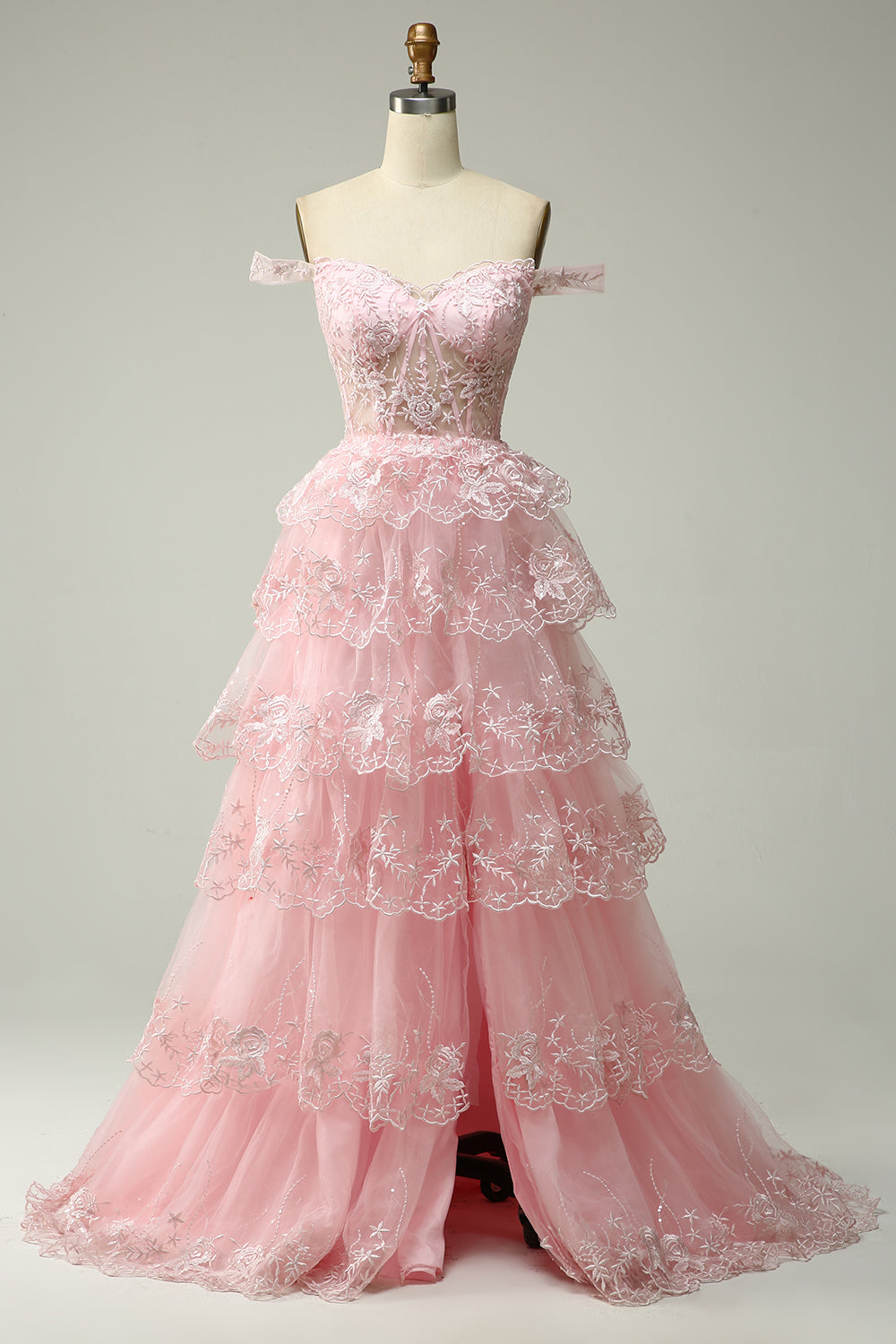 Vestido de Fiesta Largo Rosa con Hombros Descubiertos, Línea A, Princesa, con Aplicaciones