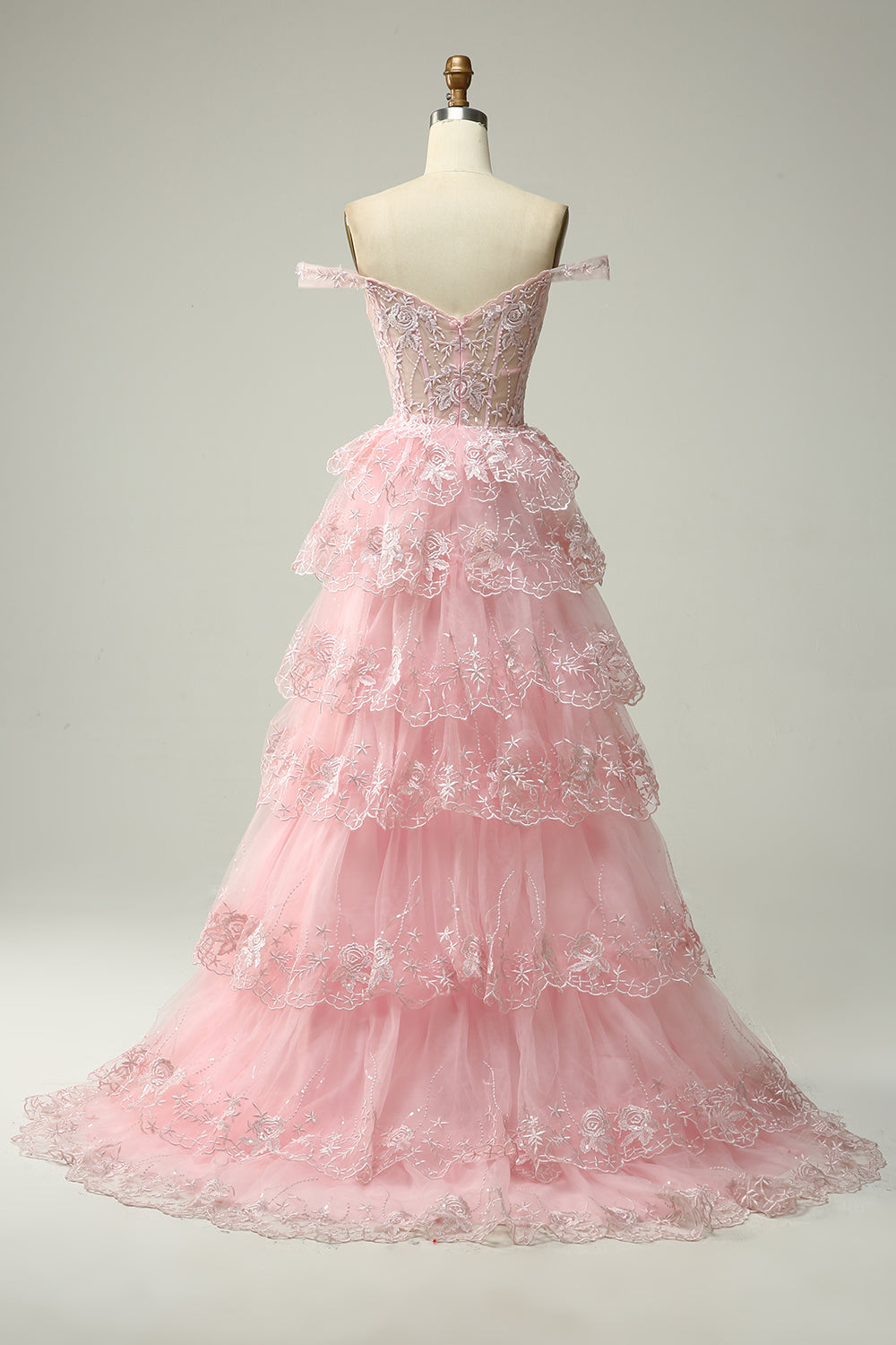 Vestido de Fiesta Largo Rosa con Hombros Descubiertos, Línea A, Princesa, con Aplicaciones