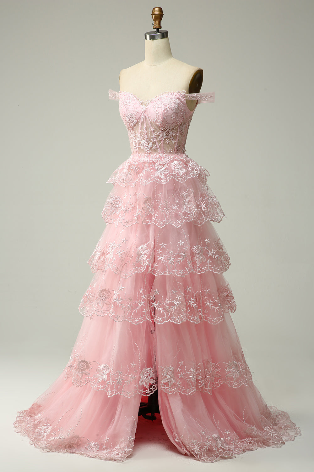Robe de bal longue noire et rose, coupe princesse trapèze, épaules dénudées, avec appliqués