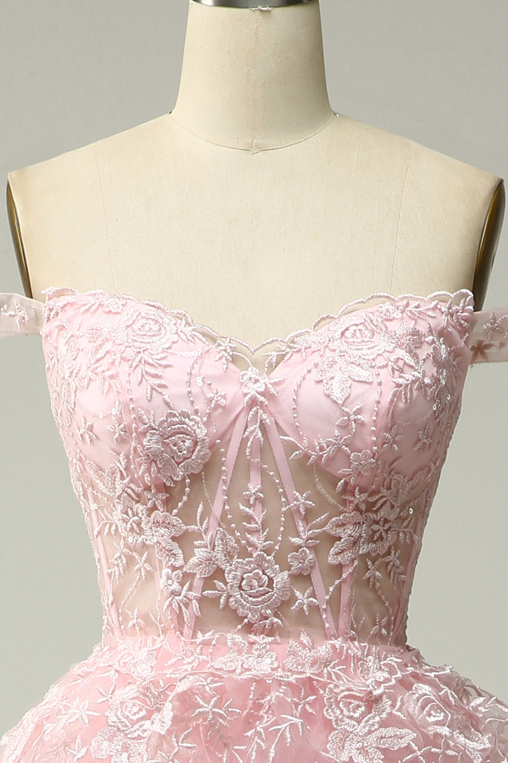Vestido de Fiesta Largo Rosa con Hombros Descubiertos, Línea A, Princesa, con Aplicaciones
