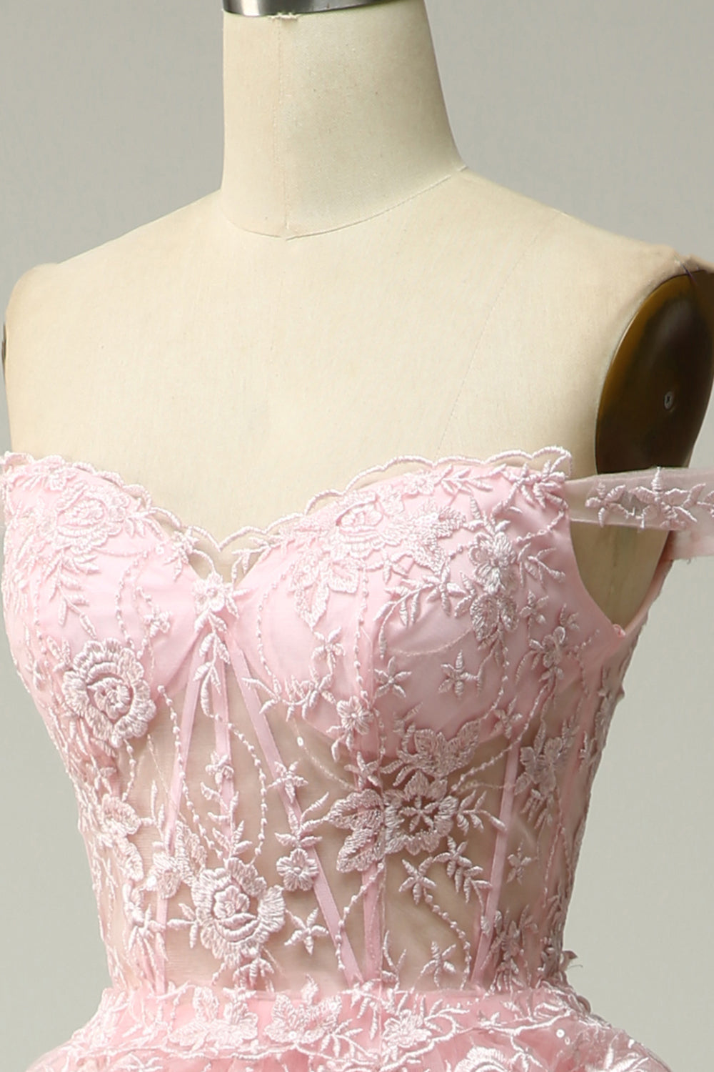 Vestido de Fiesta Largo Rosa con Hombros Descubiertos, Línea A, Princesa, con Aplicaciones