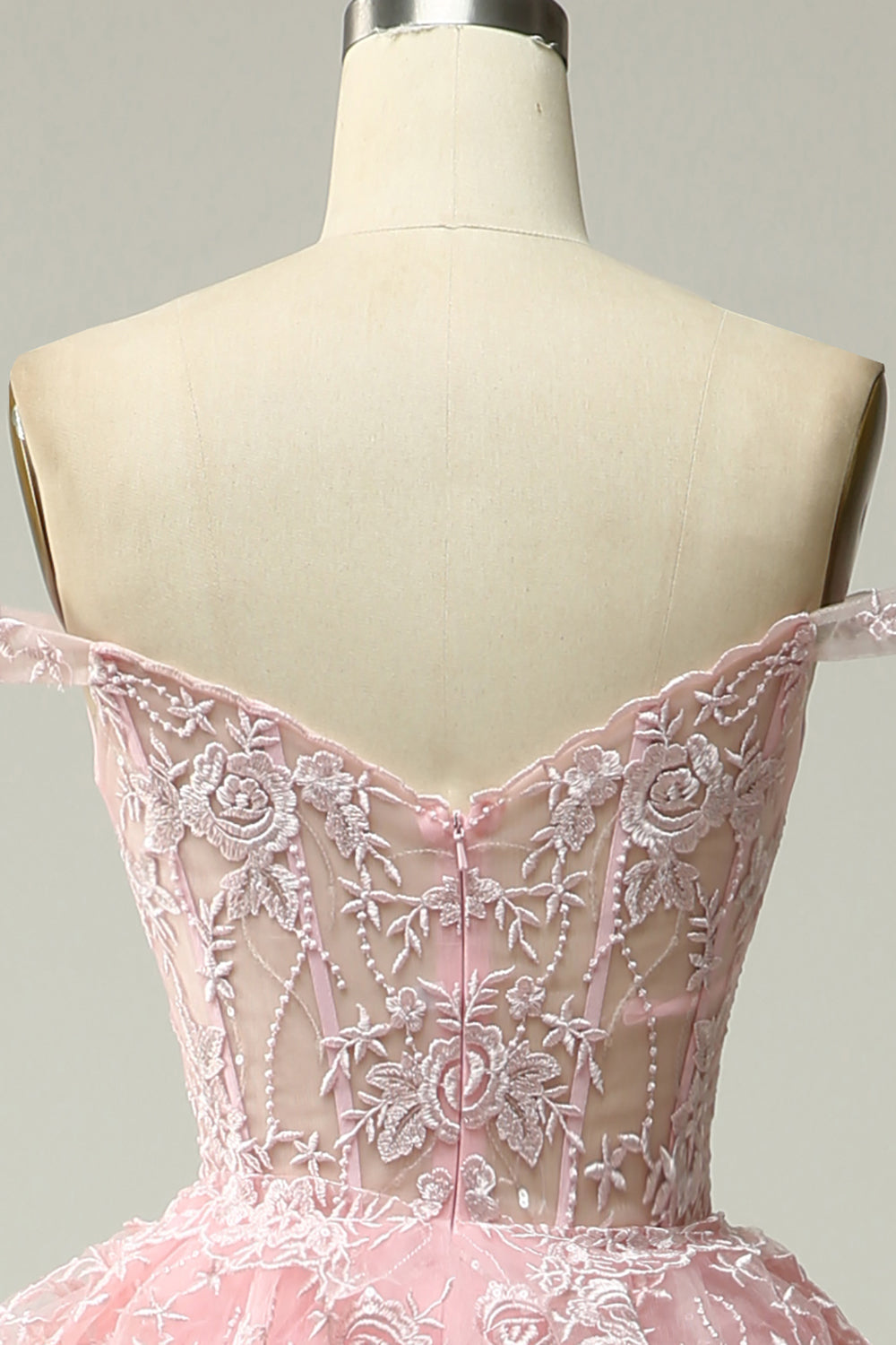 Vestido de Fiesta Largo Rosa con Hombros Descubiertos, Línea A, Princesa, con Aplicaciones
