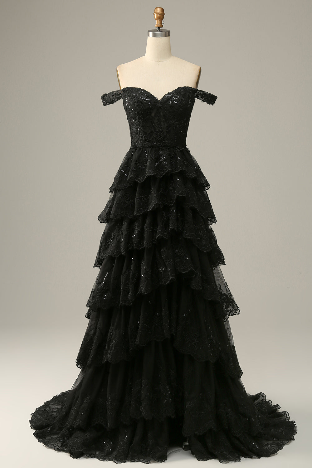 Robe de bal longue noire et rose, coupe princesse trapèze, épaules dénudées, avec appliqués