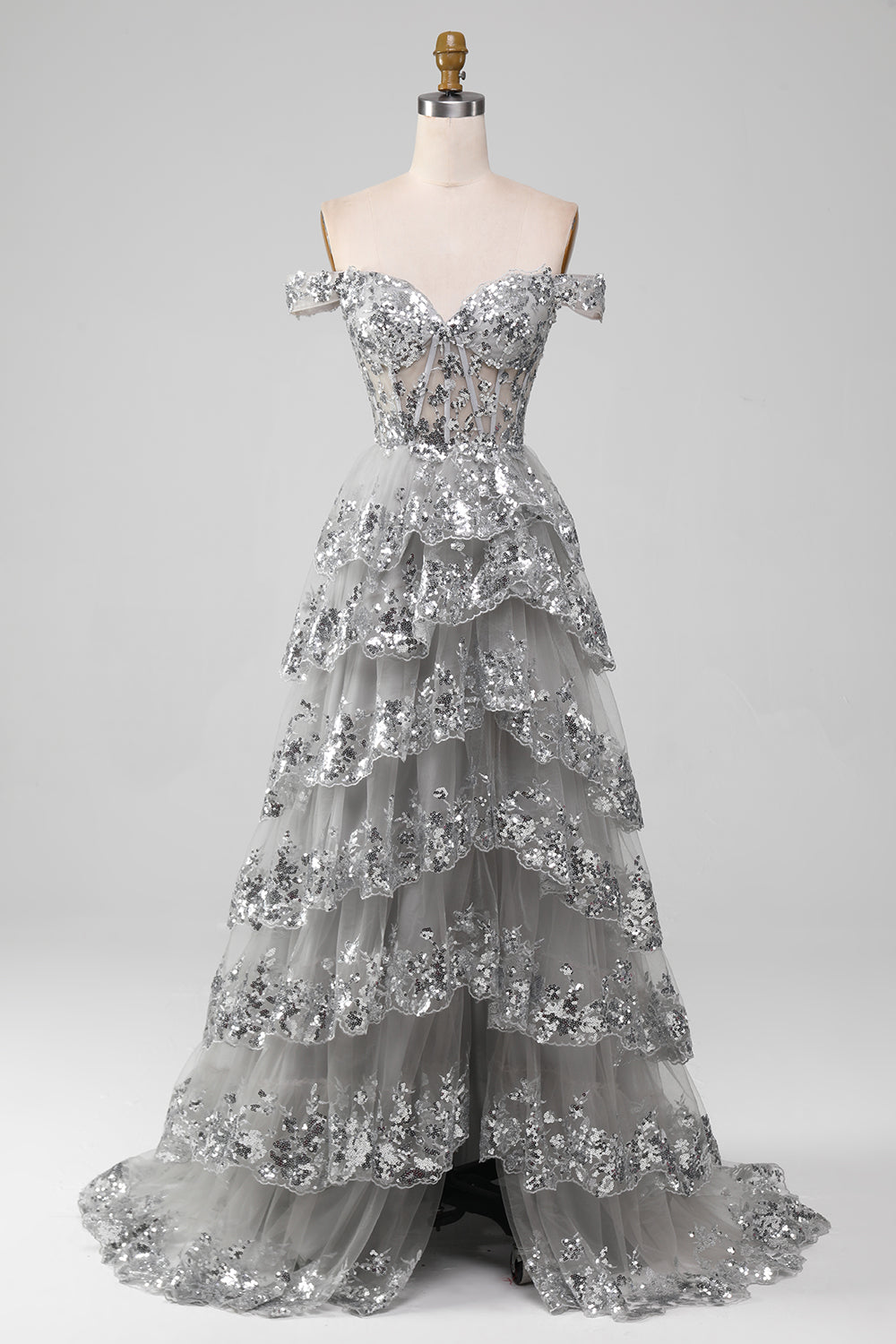 Robe de bal fendue étincelante grise à volants et épaules dénudées