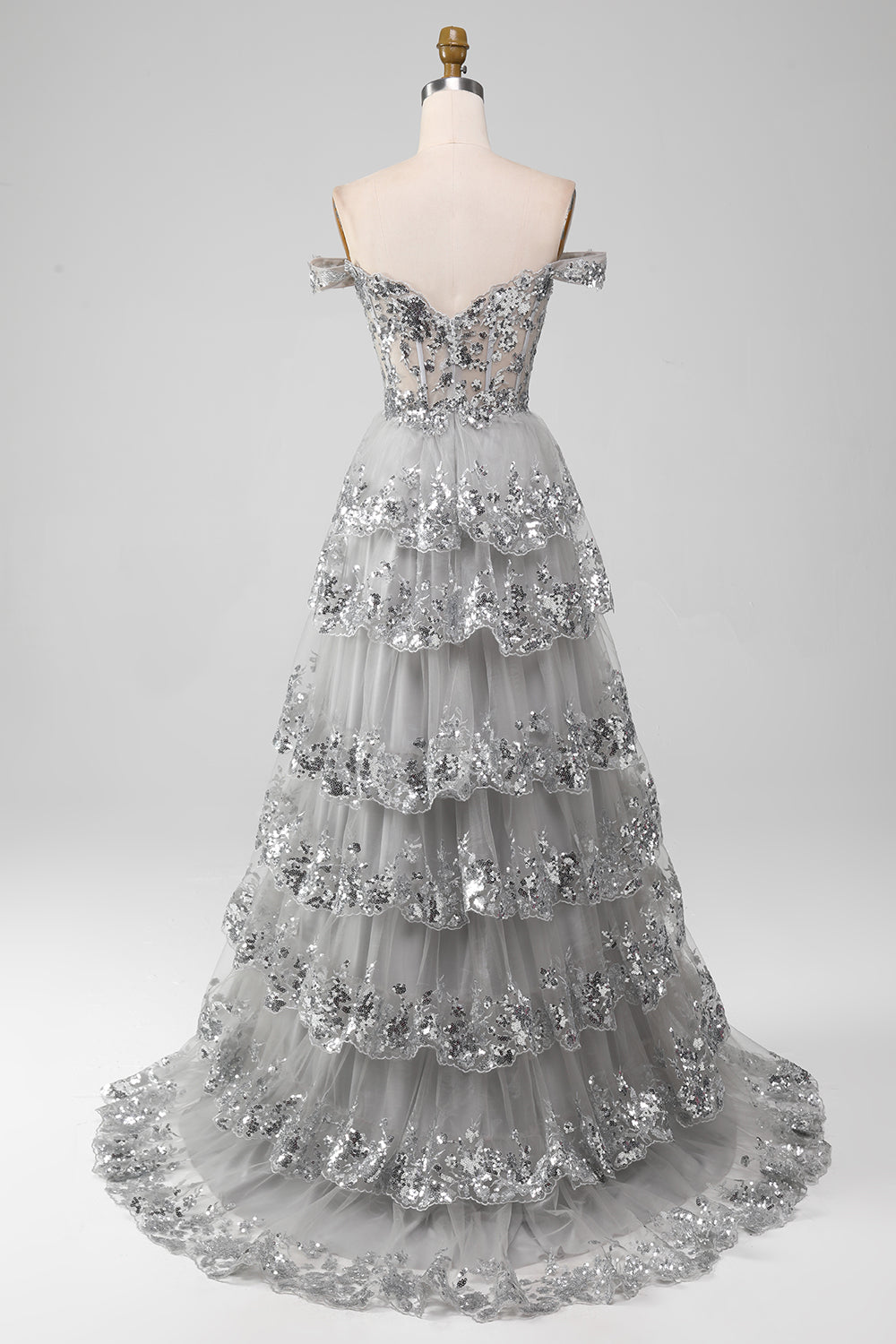 Robe de bal fendue étincelante grise à volants et épaules dénudées