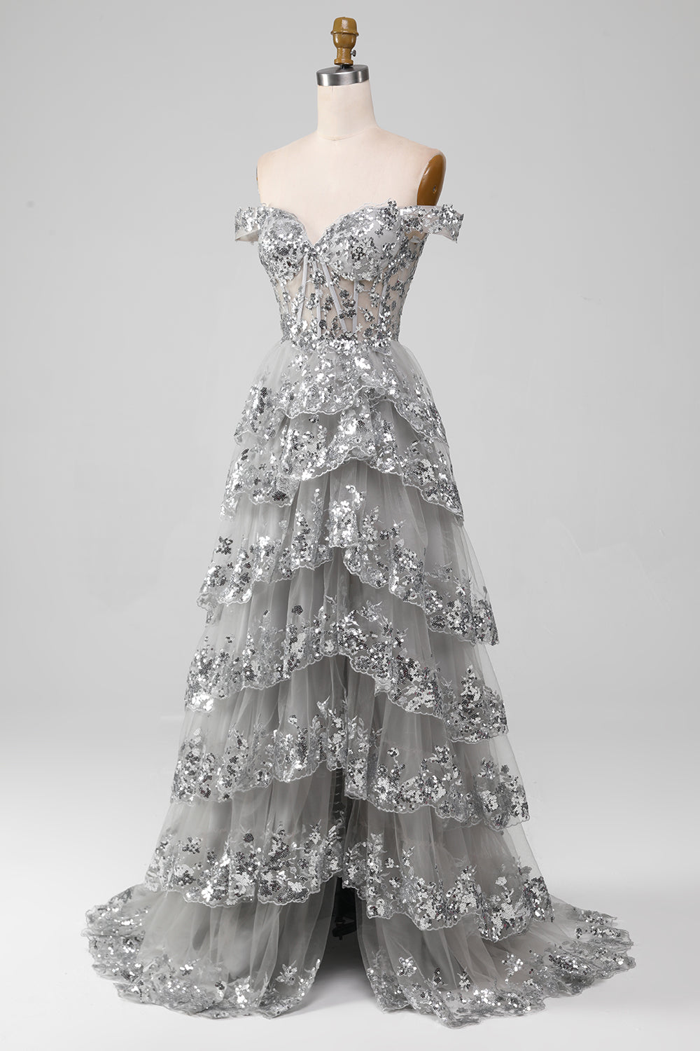 Robe de bal fendue étincelante grise à volants et épaules dénudées